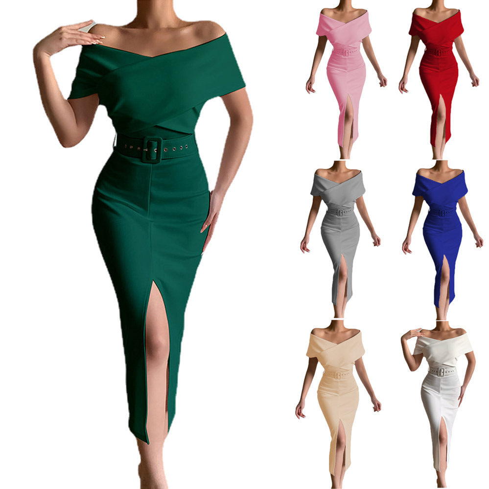 Robe Maxi Off-Shoulder pour Femme avec Ceinture à la Taille et Fente Latérale R&B