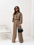 Pull zippé décontracté pour femmes avec taille élastique et pantalon palazzo extra large Ensemble Echo Archiv
