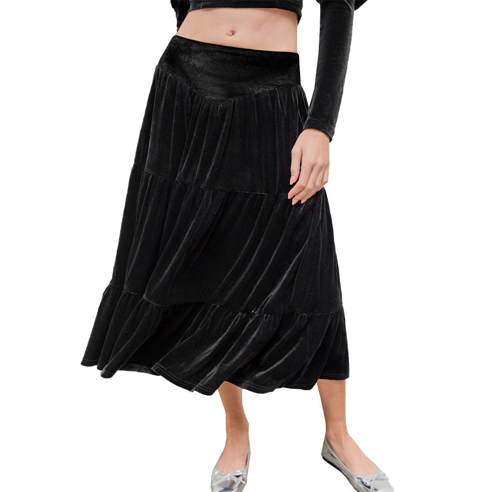 Ensemble deux pièces en velours pour femmes avec bustier-crop froncé et jupe midi à volants