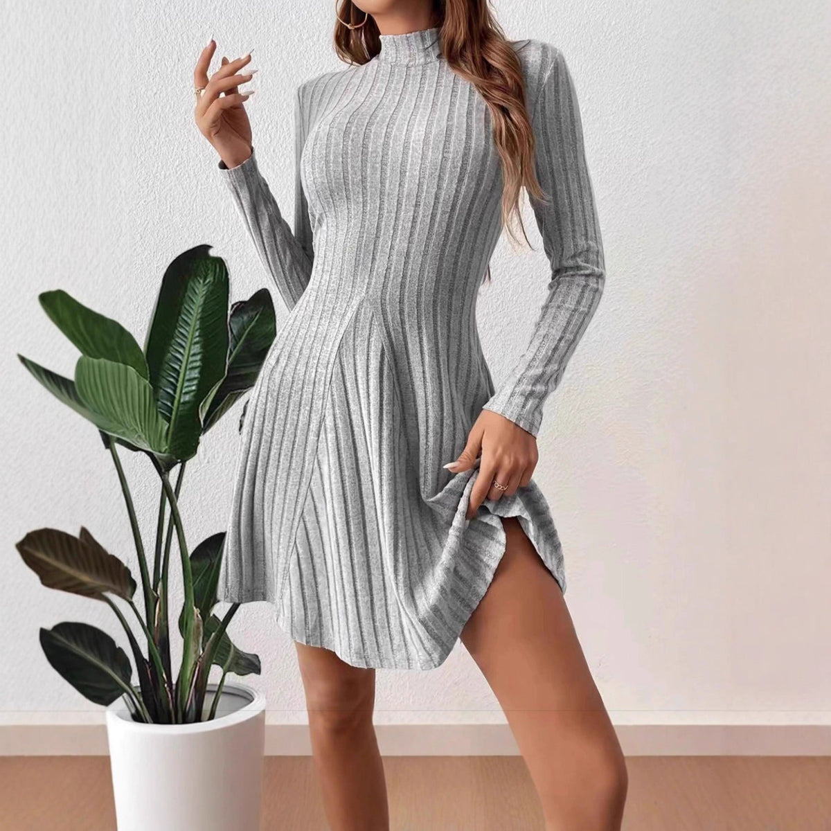 Robe en tricot côtelé pour femmes avec col montant, coupe cintrée en A et manches longues Echoarchiv