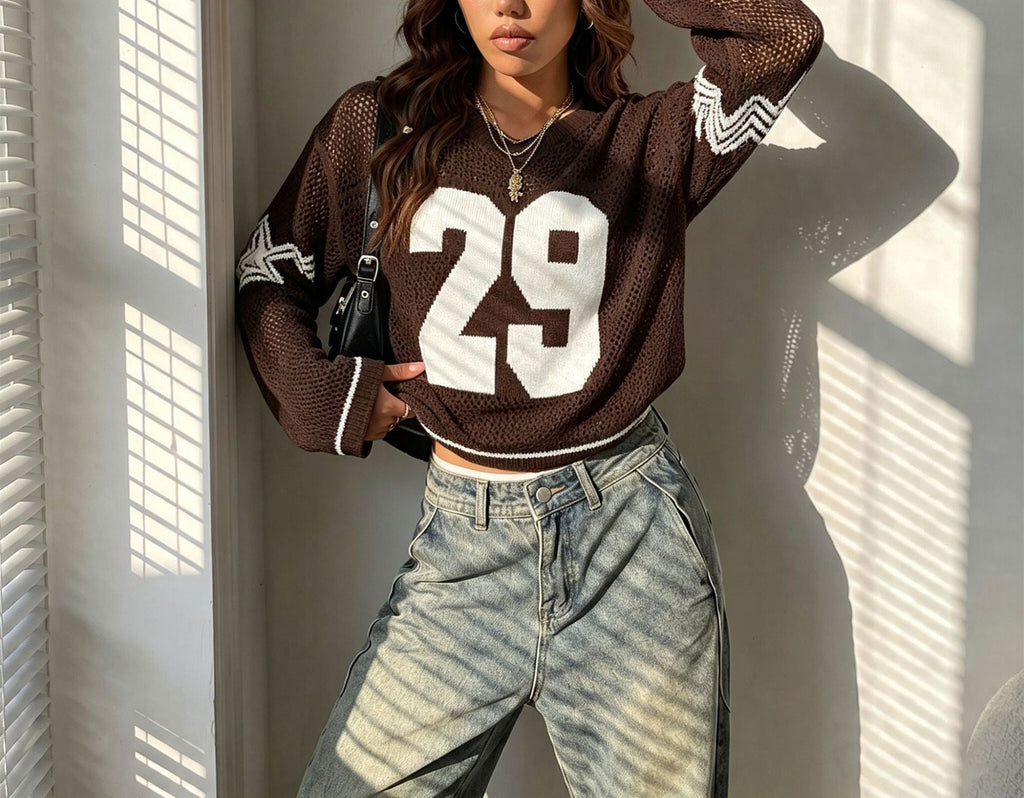 Pull cropped en maille oversize pour femmes avec décolleté en V Echoarchiv