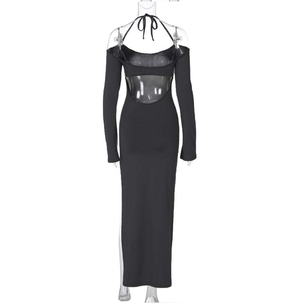 Robe de soirée longue pour femmes avec col halter et manches cloche sans épaules, cintrée à la taille avec un fente haute sur le côté
