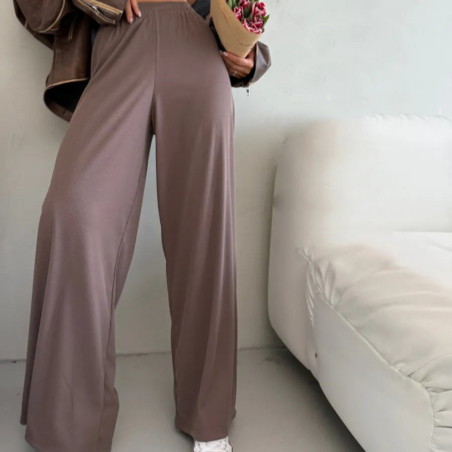 Pantalon Palazzo large taille haute pour femmes en jersey côtelé avec taille élastique Echo Archive