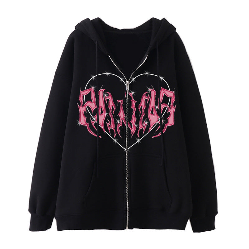 Veste à capuche pour femmes avec fermeture éclair intégrale et impression cœur côtelé Echo Archiv