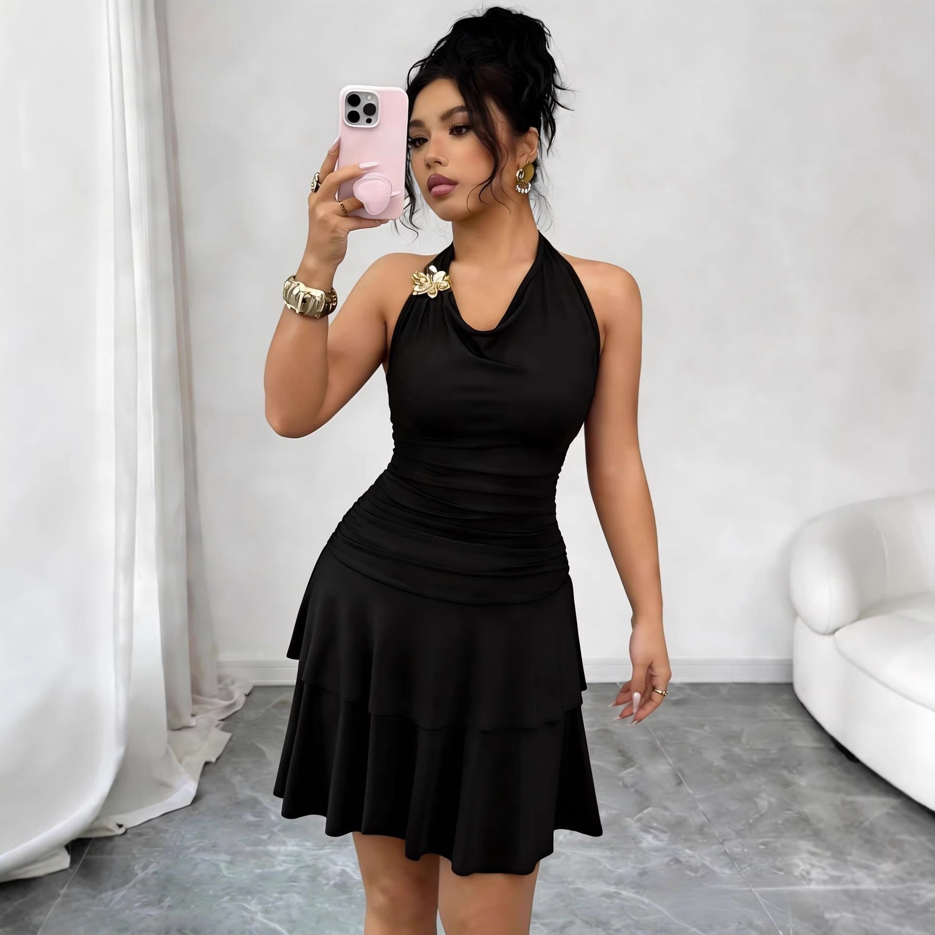 Robe midi à bretelles pour femmes avec décolleté en cascade, fronces cintrées et jupe à volants en cascade R&B