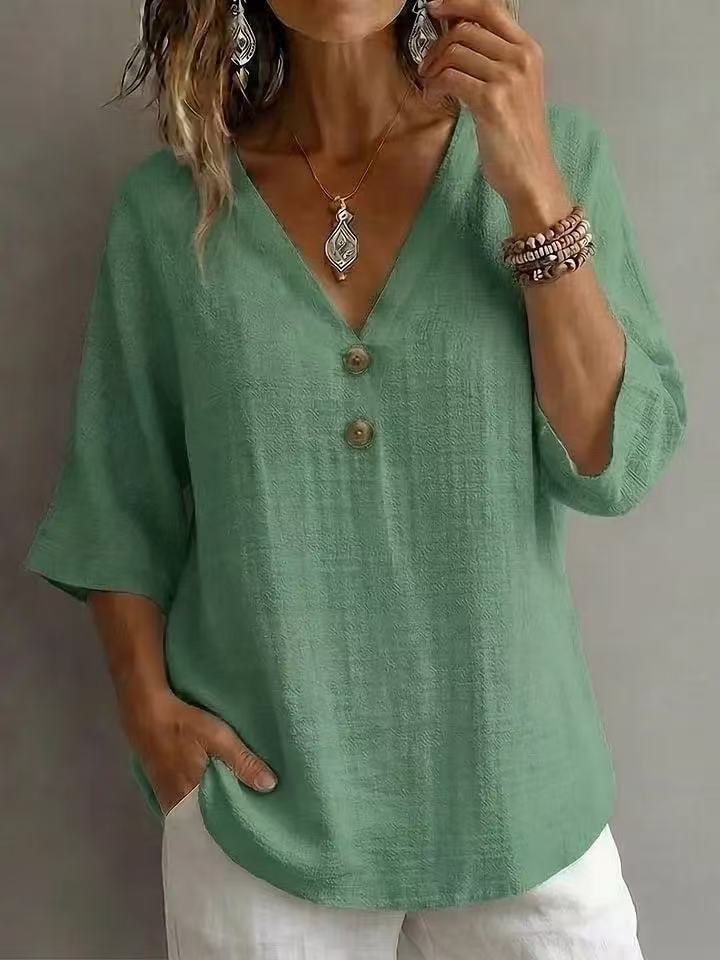 T-shirt décontracté à col en V pour femmes avec détails en bouton