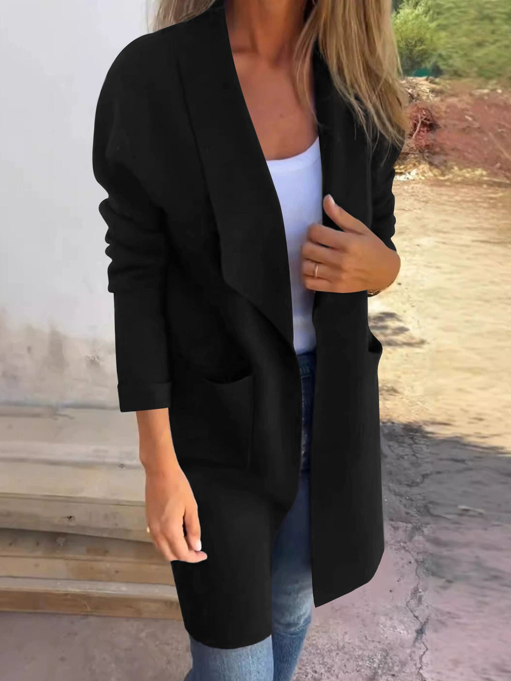 Cardigan long ouvert pour femmes avec col châle, poches passepoilées et tombé léger Echoarchiv