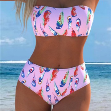 Bikini bandeau pour femmes avec un motif de plumes unique et une taille haute R&B