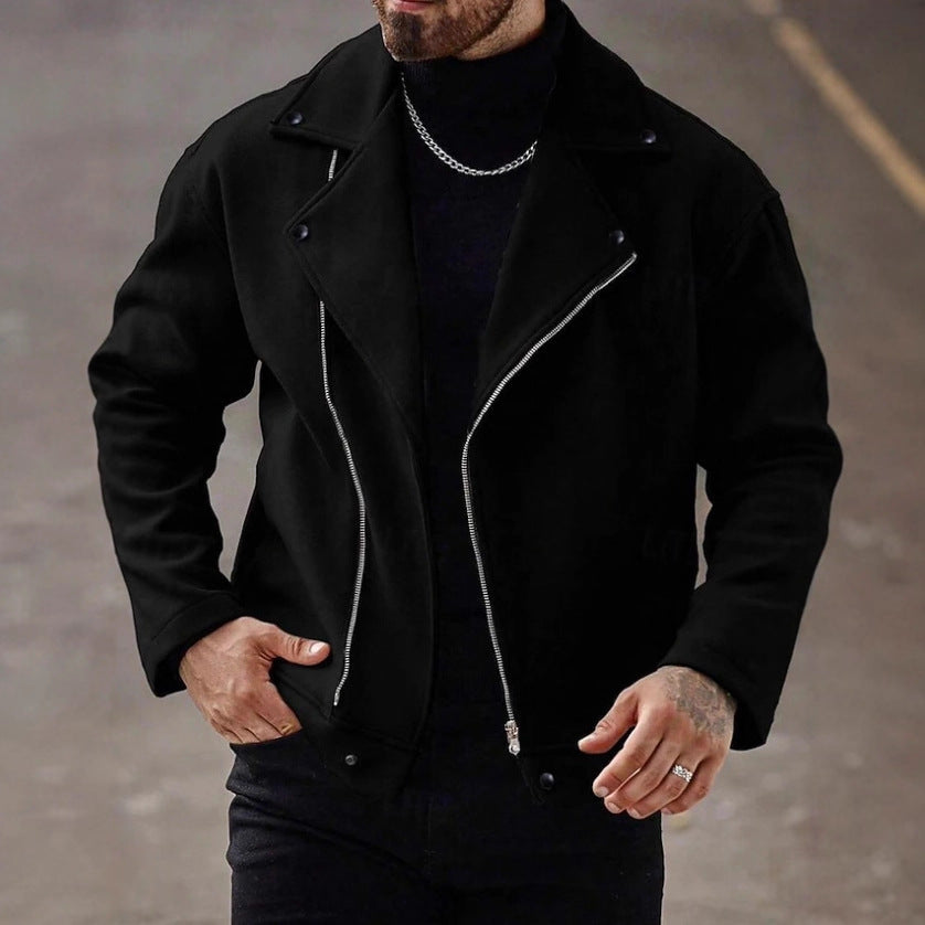 Veste de moto oversize pour hommes en mélange de laine avec fermeture éclair asymétrique et détails à boutons-pression