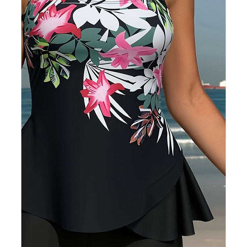 Tankini de sport pour femmes avec design floral et ourlet fluide R&B