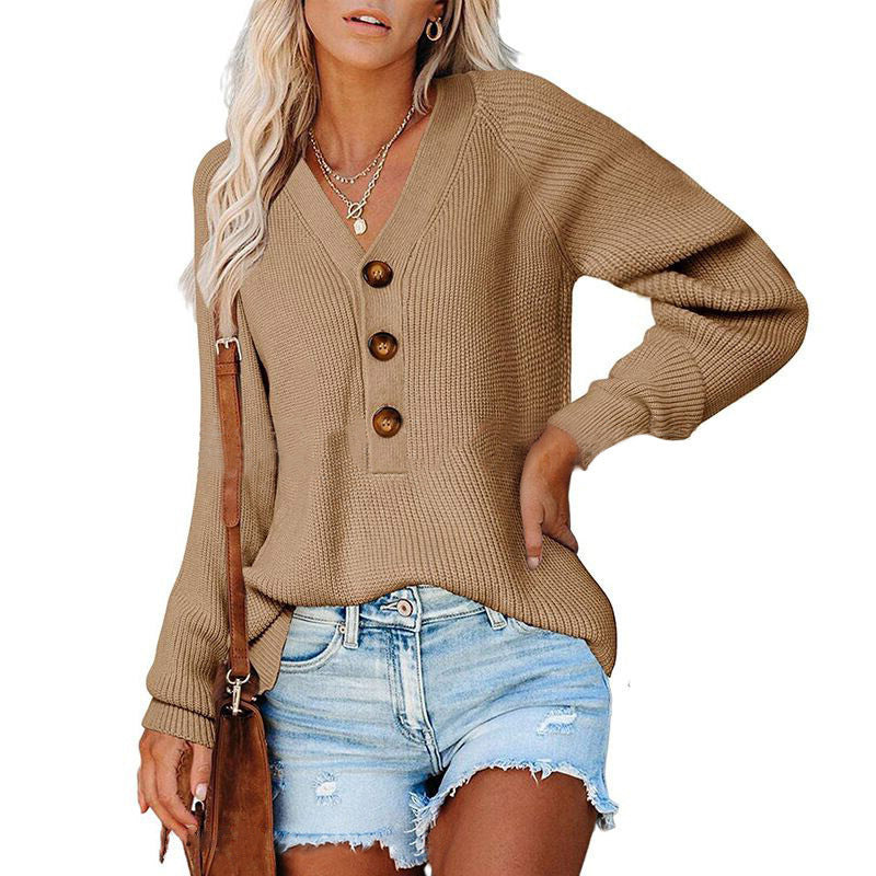 Pull en tricot côtelé pour femmes avec décolleté en V, patte de boutonnage décorative et manches ballon Echoarchiv