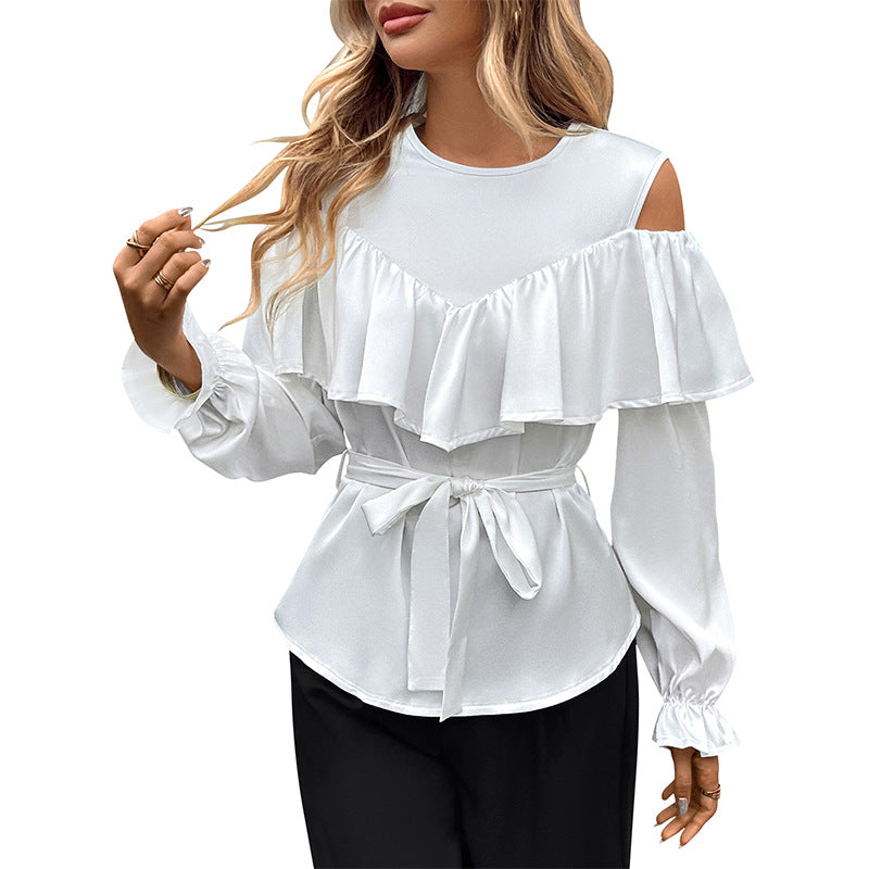 Blouse Élégante à Volants pour Femmes avec Épaules Dégagées et Ceinture à Nouer Echoarchiv