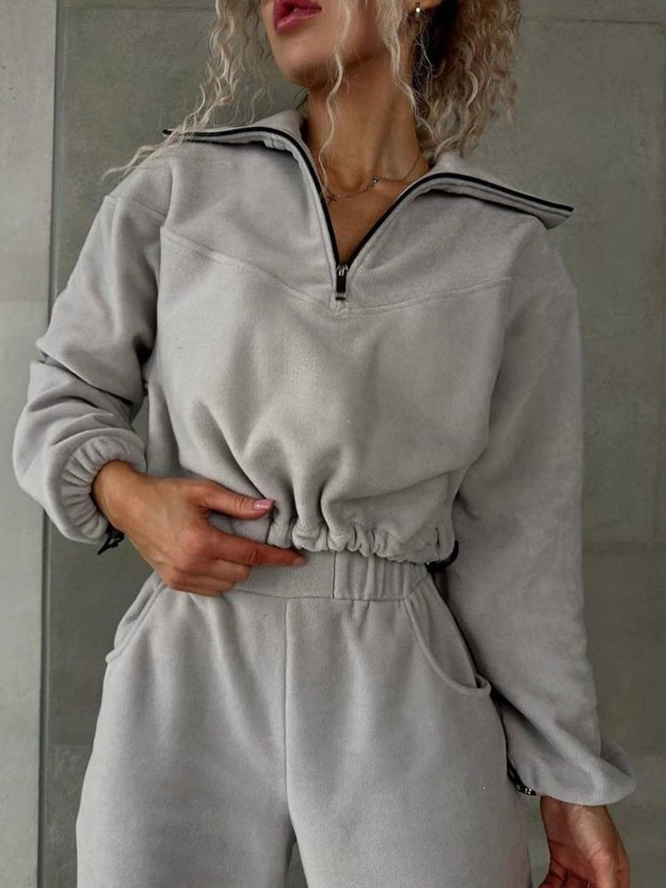 Sweat-shirt cropped en polaire pour femmes avec demi-zip et cordon de serrage Echoarchiv