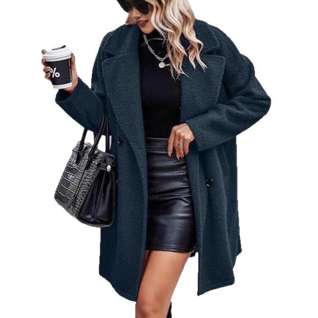 Manteau Teddy Oversize pour Femmes avec Col Revers et Coupe Croisée