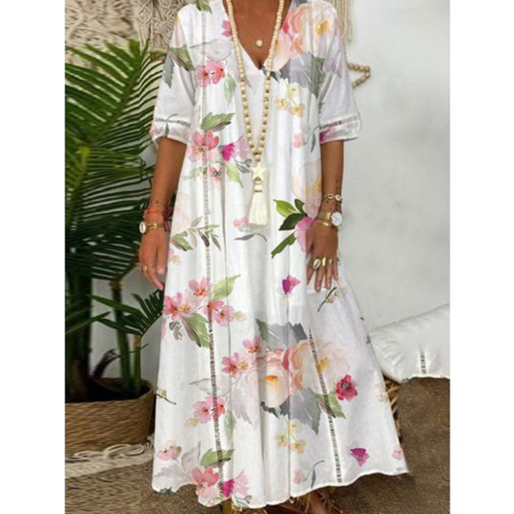 Robe mi-longue kaftan fluide pour femmes avec décolleté en V, bandes ajourées et qualité légère en mélange de lin R&B