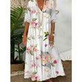 Robe mi-longue kaftan fluide pour femmes avec décolleté en V, bandes ajourées et qualité légère en mélange de lin R&B