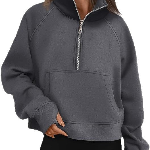 Sweat à capuche femme en polaire oversize raccourci avec demi-fermeture éclair, col montant, poche kangourou et poignets avec trou pour le pouce Echo Archiv