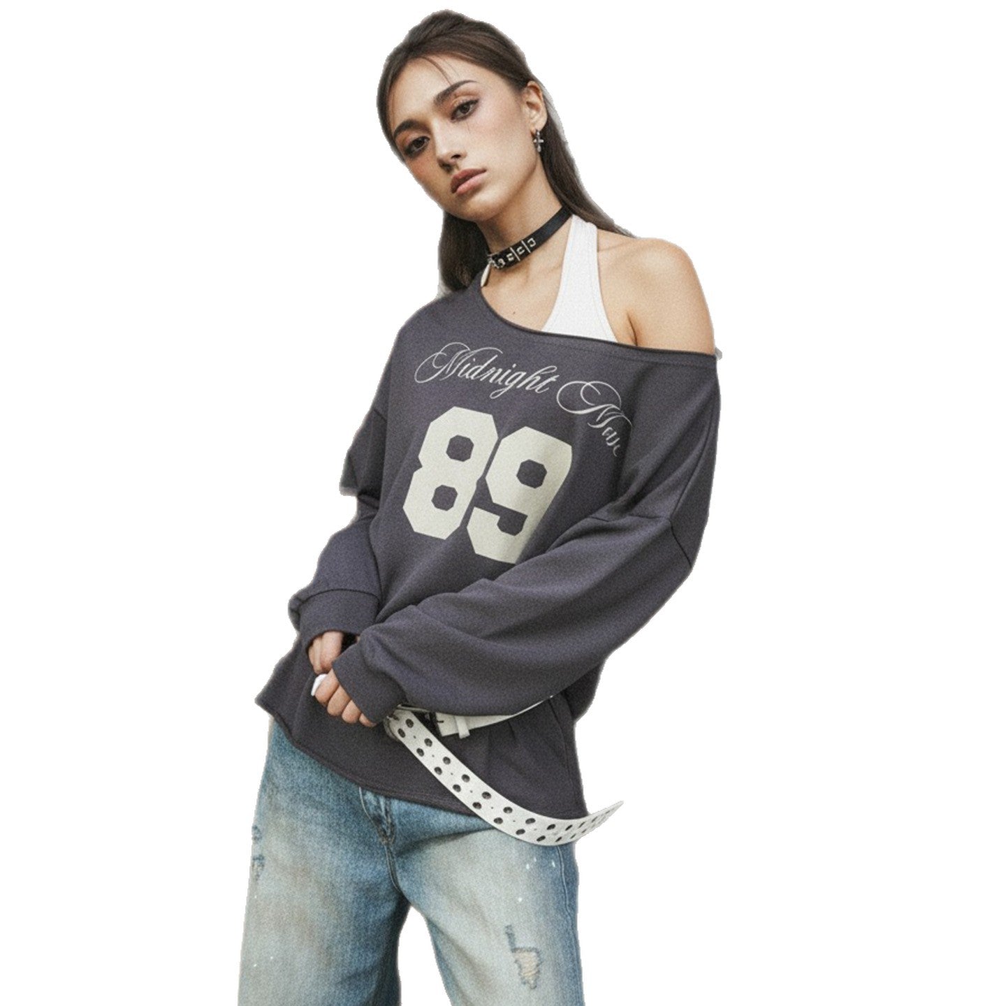 Sweat-shirt oversized pour femmes au style off-shoulder avec impression vintage sur le devant et ourlet évasé Echo Archiv