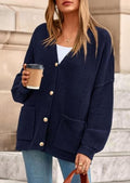 Cardigan en tricot oversize pour femmes avec décolleté en V, boutons décoratifs dorés et poches plaquées