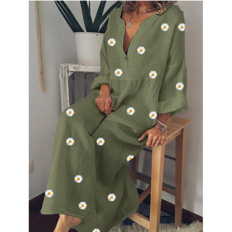 Robe maxi en look lin pour femmes avec décolleté en V profond, taille empire décontractée et imprimé marguerites Echo Archive