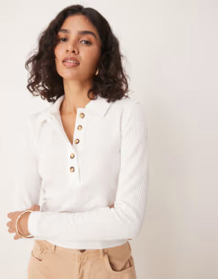 Polo à manches longues côtelé pour femmes avec patte de boutonnage décorative