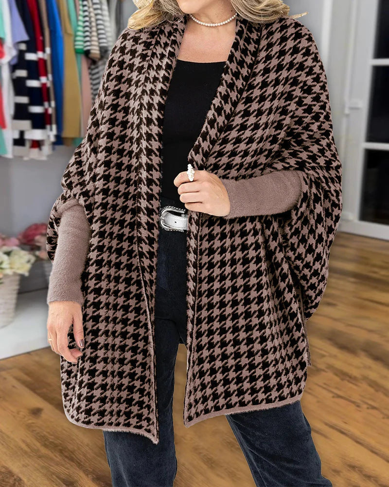 Poncho Oversized pour Femmes avec Motif Pied-de-Poule et Col Châle Ouvert Echo Archiv