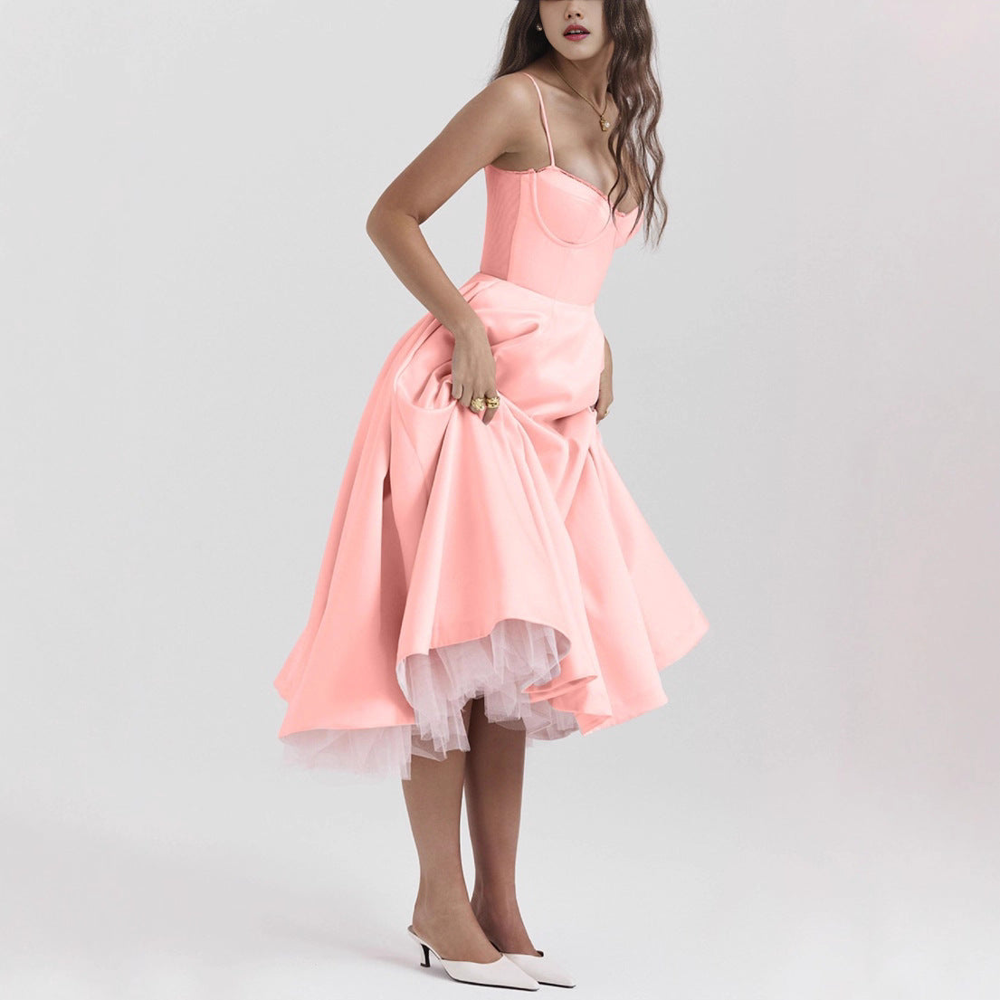 Robe midi rétro inspirée pour femmes avec corsage, coutures sous la poitrine, jupe évasée et poches latérales R&B