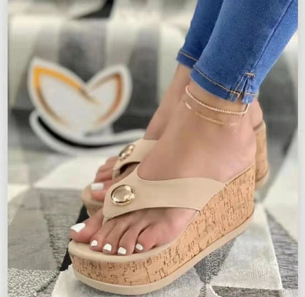 Mules à talon compensé pour femmes avec semelle en liège élégante et sangles décoratives R&B