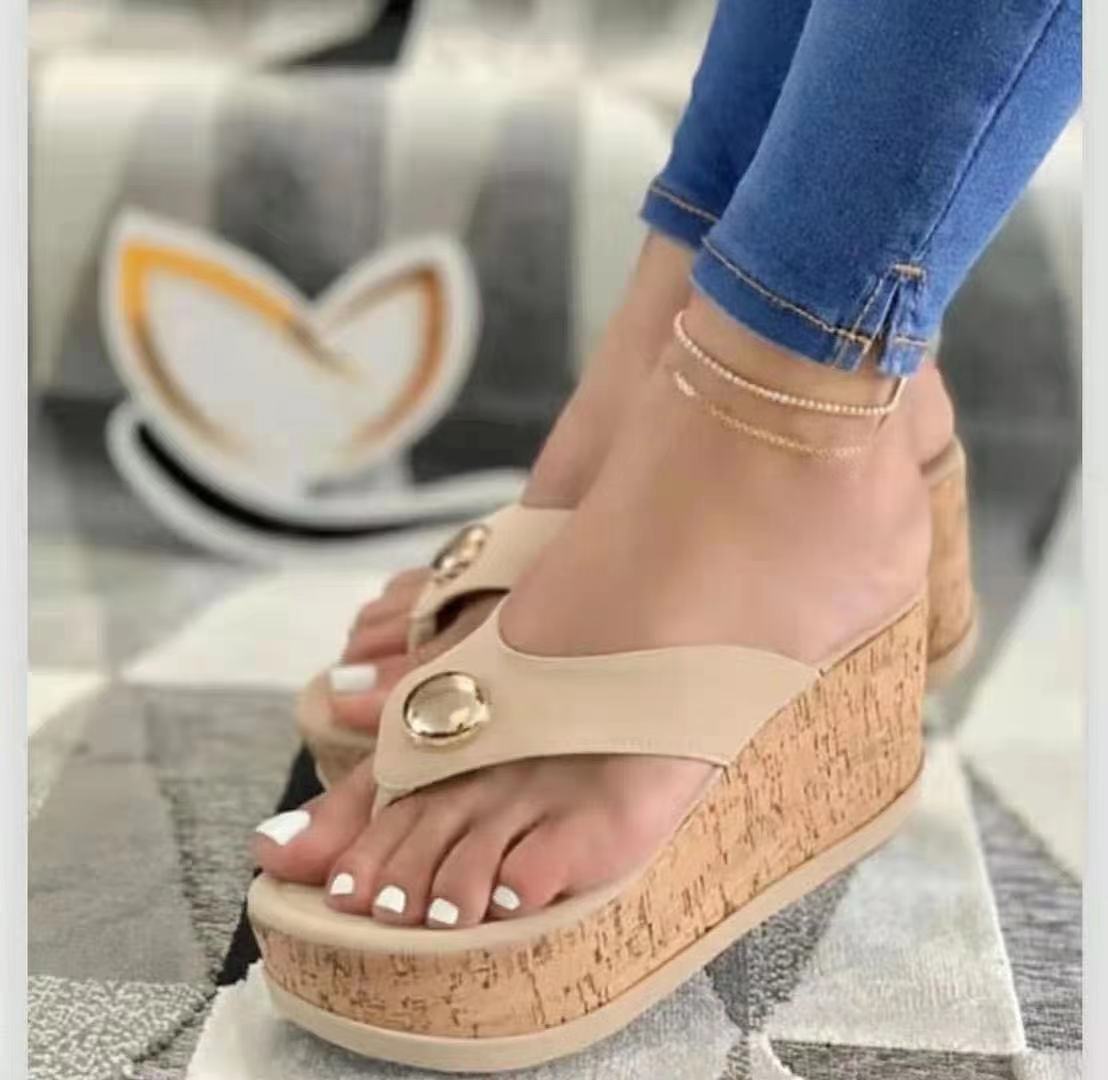 Mules à talon compensé pour femmes avec semelle en liège élégante et sangles décoratives R&B