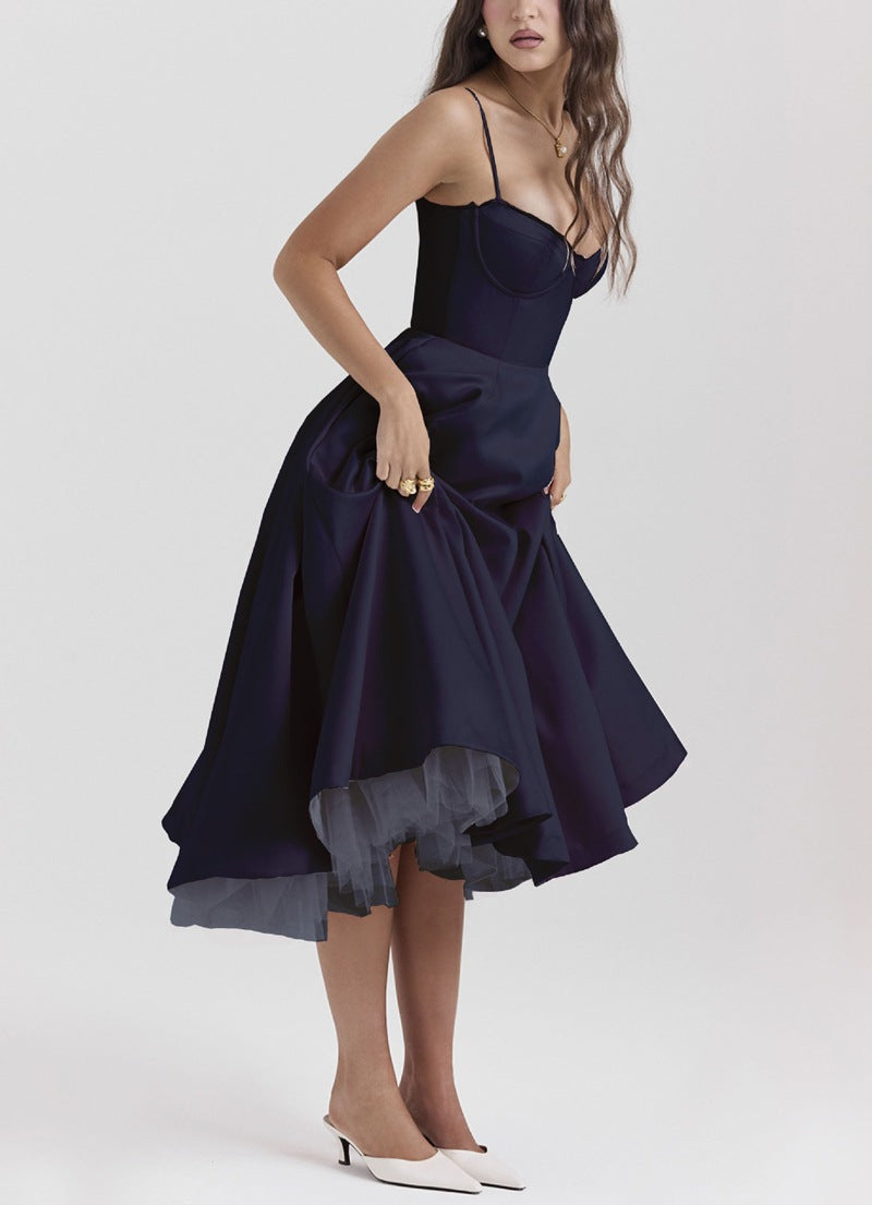 Robe midi rétro inspirée pour femmes avec corsage, coutures sous la poitrine, jupe évasée et poches latérales R&B