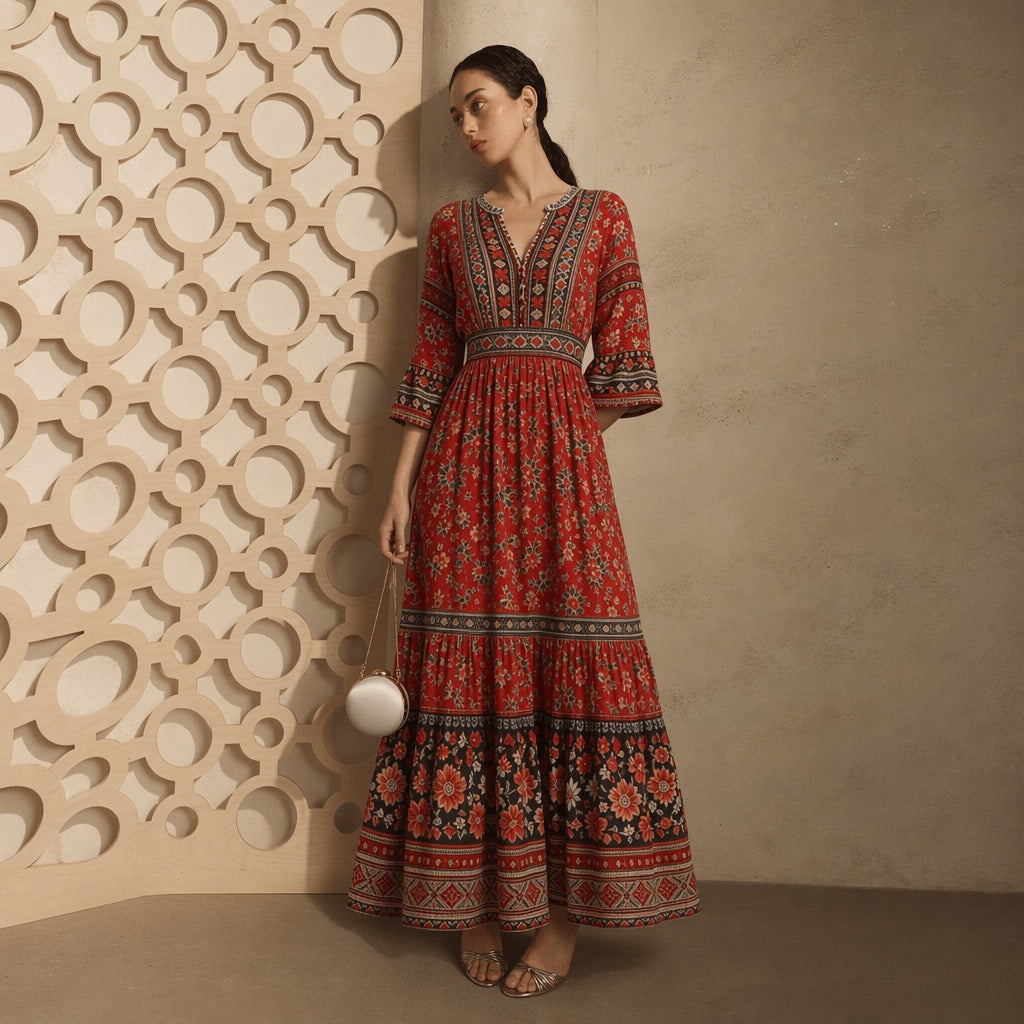 Robe maxi Boho longue pour femmes avec décolleté en V, taille froncée et jupe à volants Echo Archiv