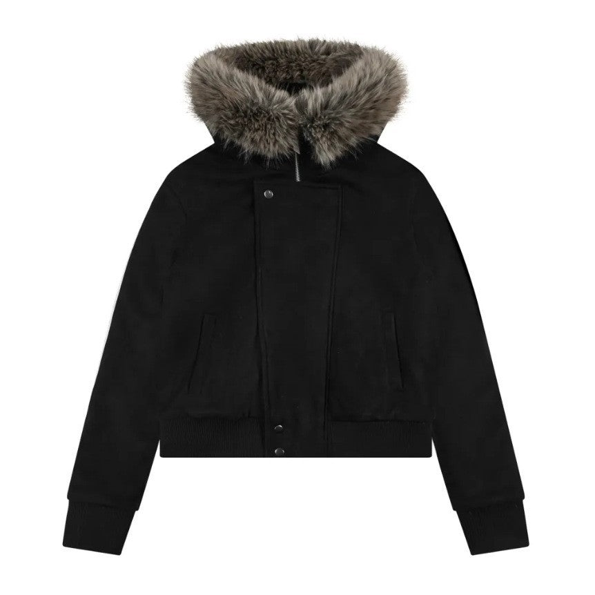 Veste bomber courte pour femmes en imitation peau de mouton avec capuche volumineuse et poignets avec trou pour le pouce Echo Archiv