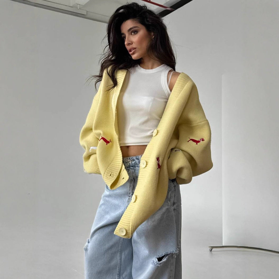 Cardigan oversized en tricot pour femmes avec motifs de teckels brodés