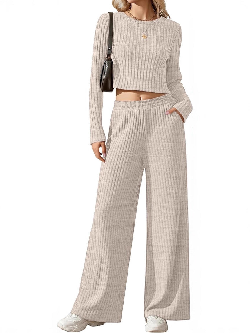 Ensemble Lounge en Tricot Fins Côtelé pour Femmes avec Top à Manches Longues Court et Pantalon Palazzo Taille Haute Echoarchiv