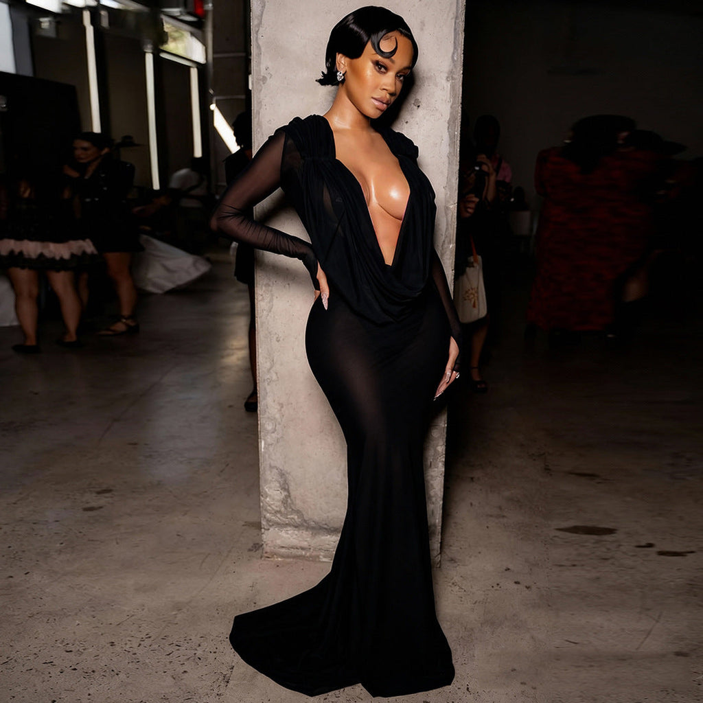 Robe longue élégante pour femmes avec décolleté en V profond et fronces Heidi-Mode