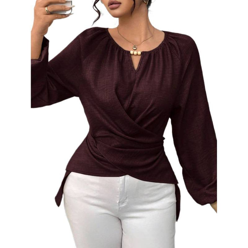 Blouse wrap cintrée pour femmes avec détail de perles et manches ballon Echoarchiv