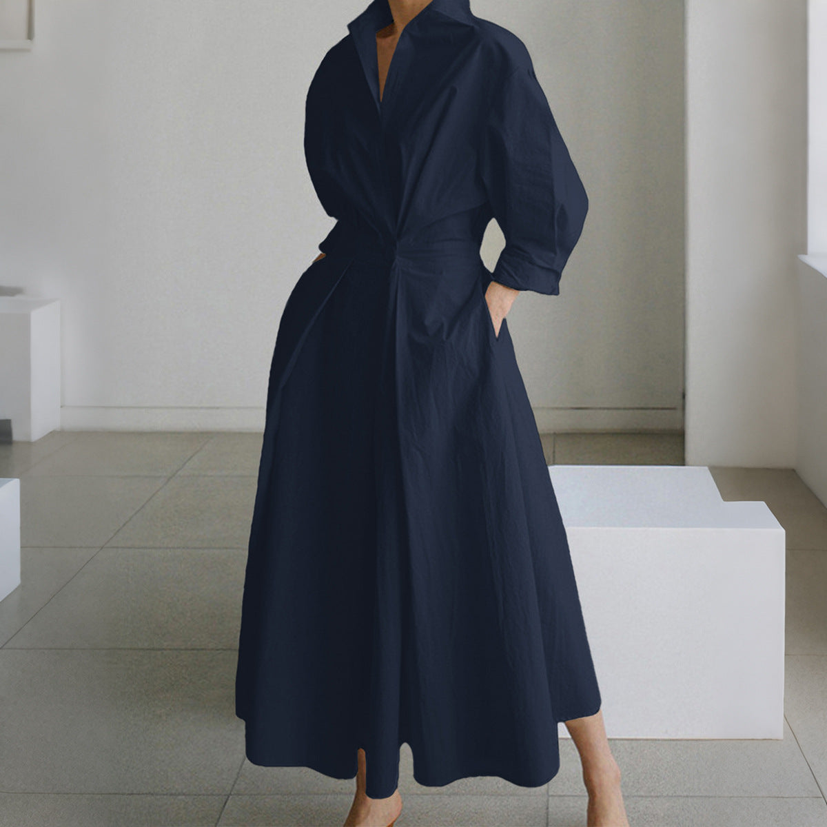 Robe chemise cintrée pour femmes avec col carré, manches mi-longues, poches latérales et jupe évasée Echo Archiv
