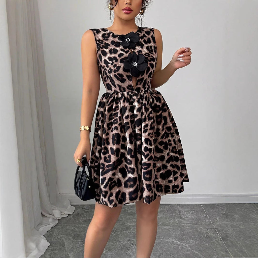 Robe de soirée courte pour femmes avec motif léopard, appliques florales et jupe ballon cintrée R&B