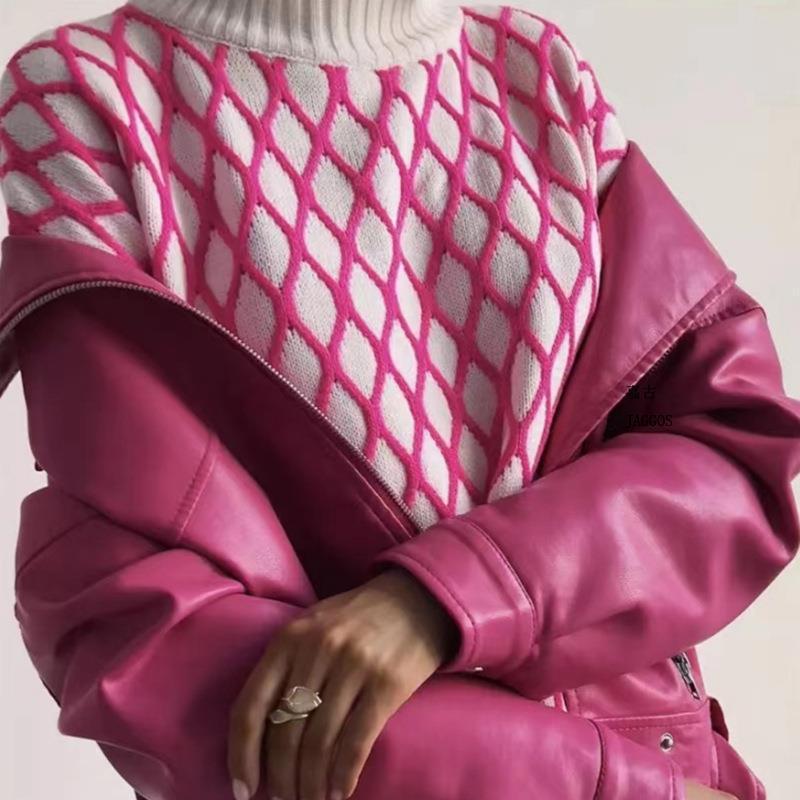Pull en tricot oversize pour femmes avec motif en losanges et col montant Echoarchiv