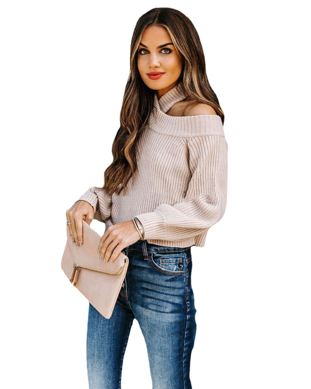 Pull cropped en maille côtelée pour femmes avec col montant et découpe d'épaule Echoarchiv
