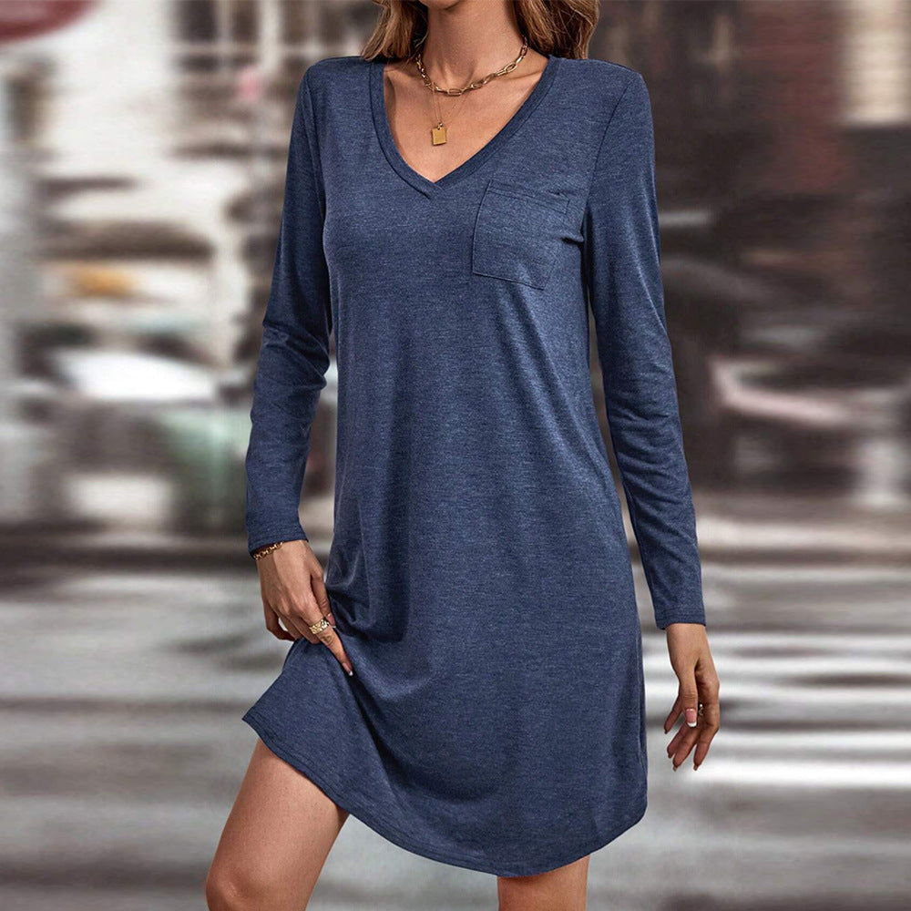 Robe en jersey décontractée pour femmes avec décolleté en V, poche poitrine et coupe A décontractée