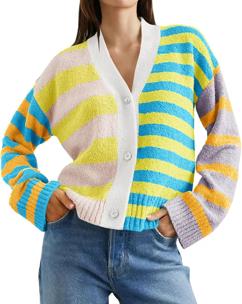 Cardigan en éponge à rayures décontracté pour femmes avec décolleté en V et patte de boutonnage Echoarchiv