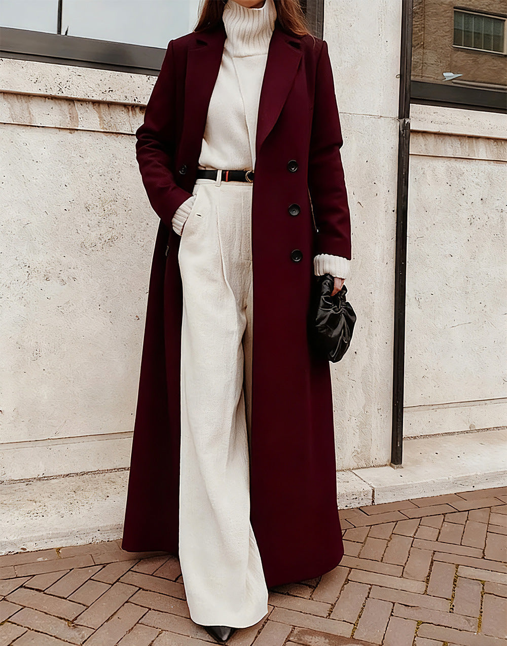 Manteau Long à Double Boutonnage pour Femme avec Poches Profondes