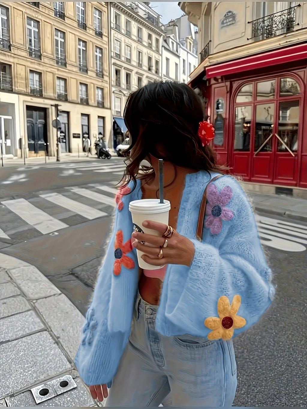Cardigan en maille oversize pour femmes avec appliqués floraux 3D Echoarchiv