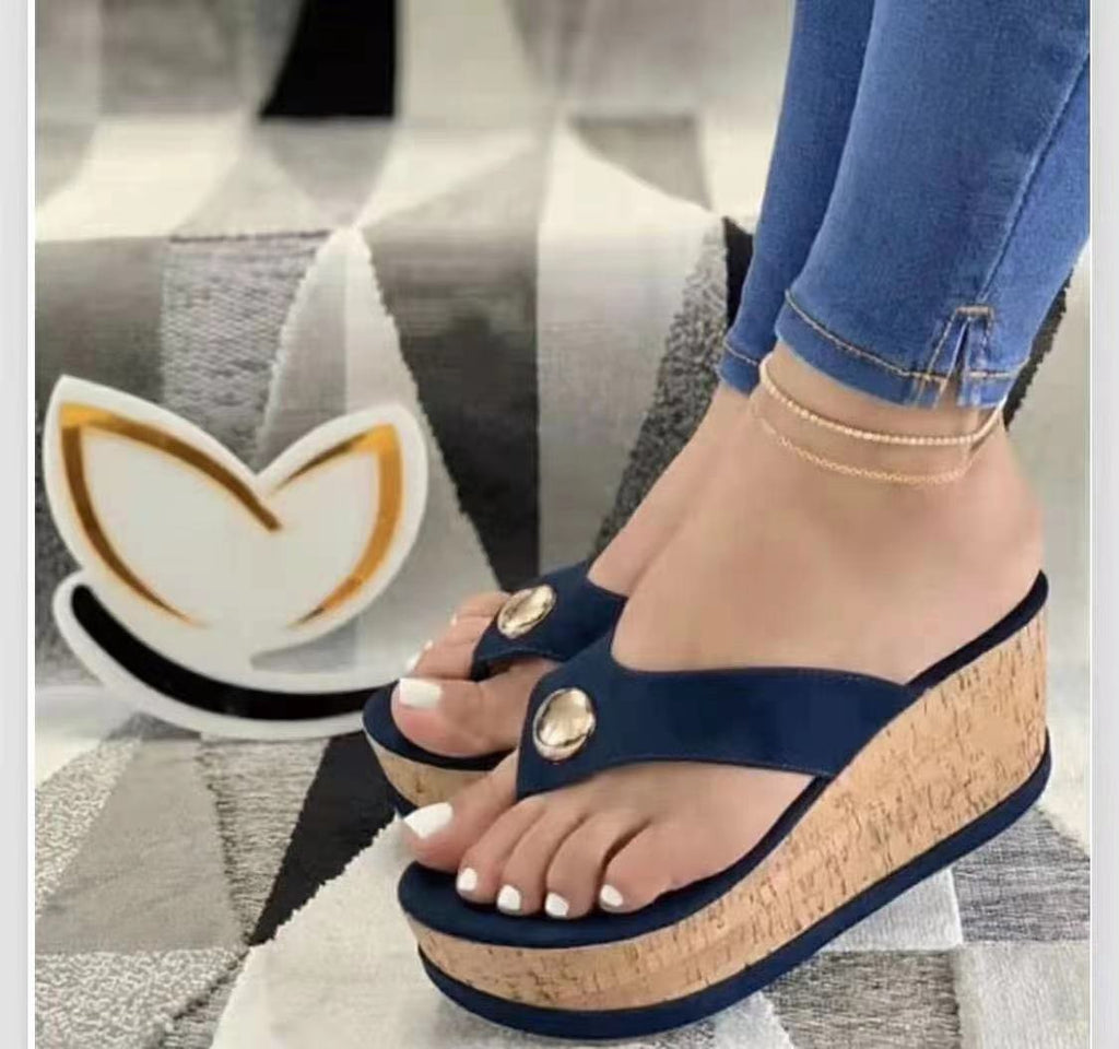 Mules à talon compensé pour femmes avec semelle en liège élégante et sangles décoratives R&B