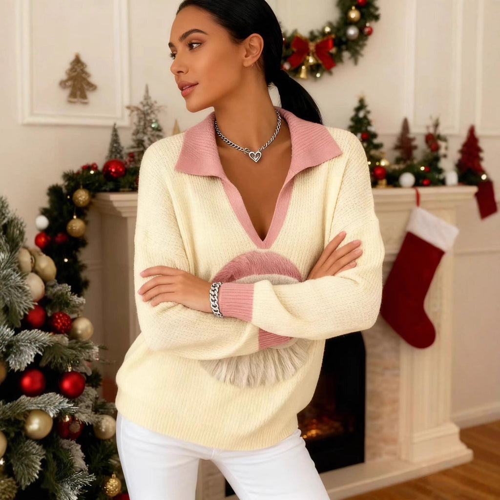 Pull en tricot doux pour femmes avec col en V, col polo et motif de Noël 3D