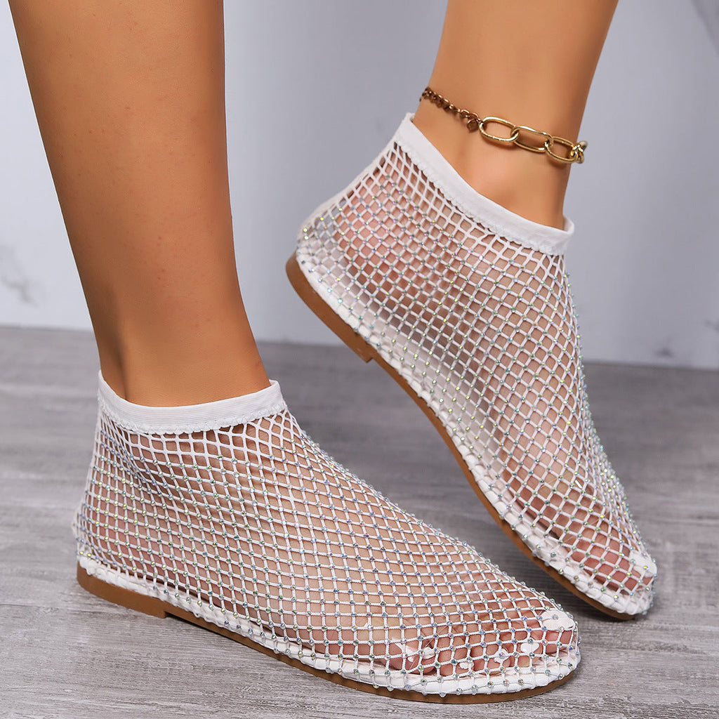 Sandales en filet pour femmes avec des applications scintillantes et une zone de cheville élastique R&B