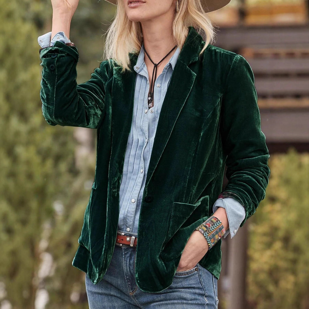 Blazer en velours pour femmes avec revers classique et tombé doux