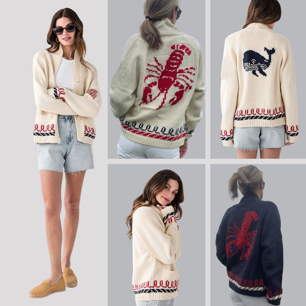Cardigan en tricot oversize pour femmes avec motif de baleine et bordure nautique Echoarchiv