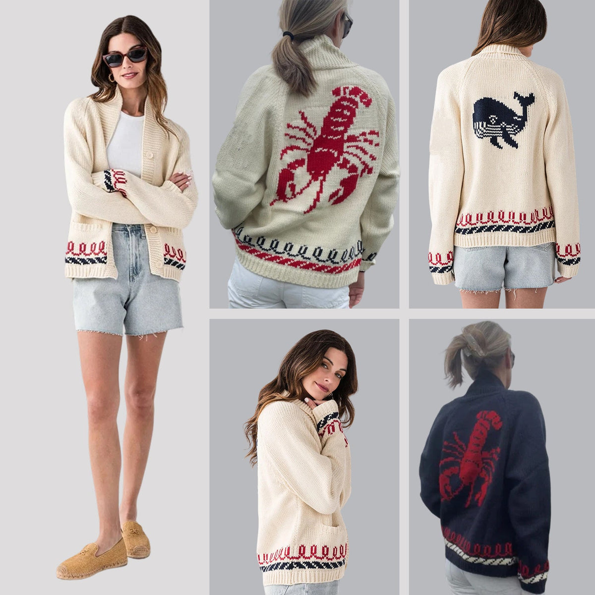 Cardigan en tricot oversize pour femmes avec motif de baleine et bordure nautique Echoarchiv